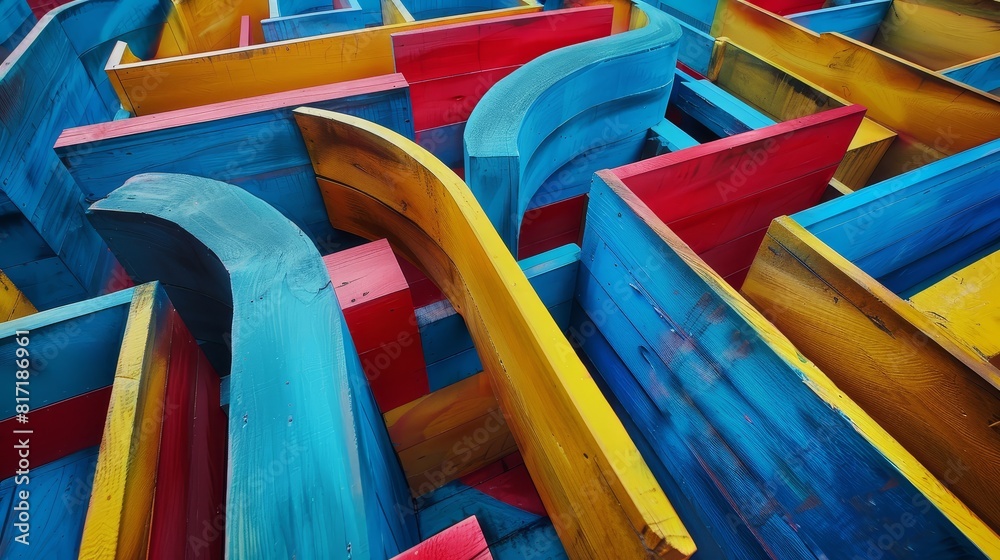 Colorful wooden maze in abstract form, seen from a high angle, with bright blue, red, and yellow trails, focus on design intricacies, vibrant, Manipulation, modern art gallery backdrop