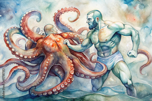 A detailed watercolor artwork capturing the intensity and competitiveness of octopus wrestling, highlighting the dedication of those involved