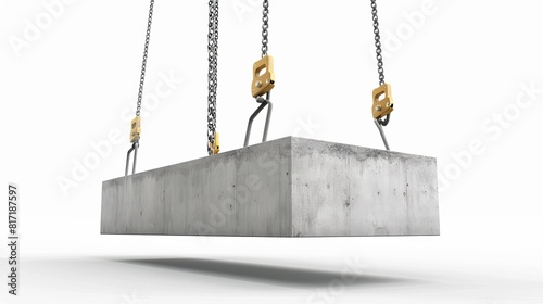 A 3D rendering showcasing a crane hook lifting a concrete panel on a white background, representing construction equipment in the building industry. photo