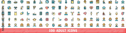 100 adult icons set. Color line set of adult vector icons thin line color flat on white