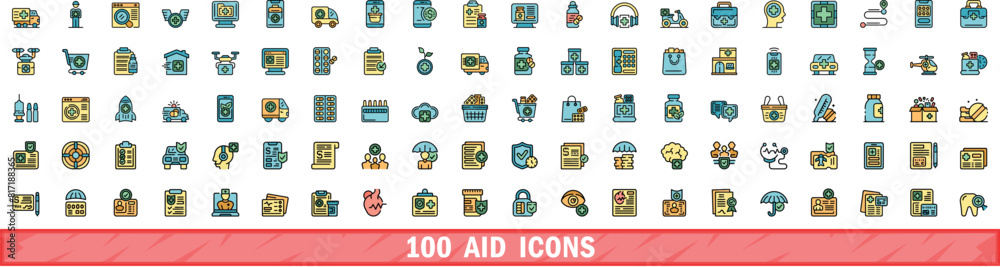 100 aid icons set. Color line set of aid vector icons thin line color flat on white 100 aid icons set. Color line set of aid vector icons thin line color flat on white