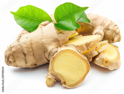 Isolated ginger root with slices and leaf on background