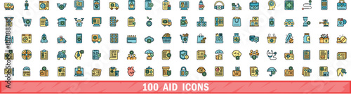 100 aid icons set. Color line set of aid vector icons thin line color flat on white