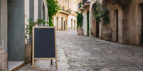 Blank chalk board outside restaurant in typical Mediterranean street with rustic stone buildings and cobblestones. Advertising mockup.
