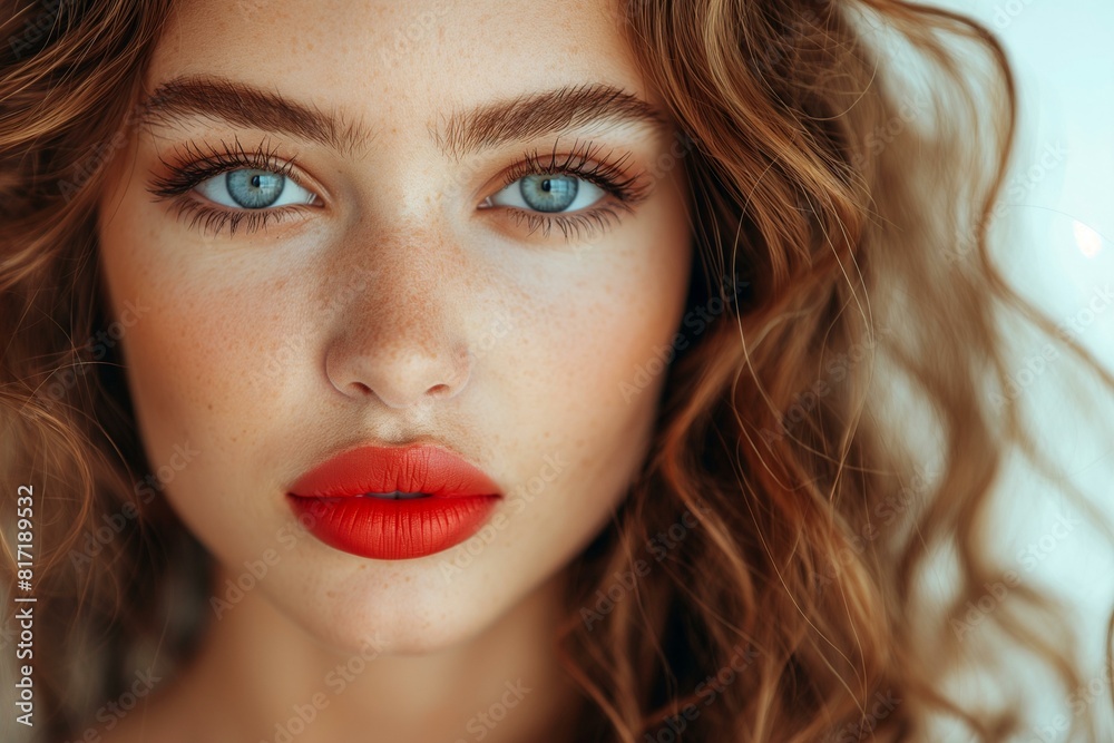 Close-Up Portrait of a Beautiful Young Woman with Curly Hair and Red Lips Close-Up Portrait of a Beautiful Young Woman with Curly Hair and Red Lips