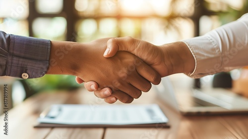 Handshake over documents on a table signifies a successful business deal.