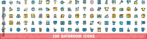 100 bathroom icons set. Color line set of bathroom vector icons thin line color flat on white