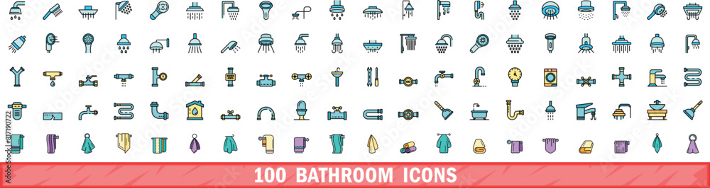 100 bathroom icons set. Color line set of bathroom vector icons thin line color flat on white