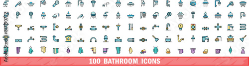 100 bathroom icons set. Color line set of bathroom vector icons thin line color flat on white
