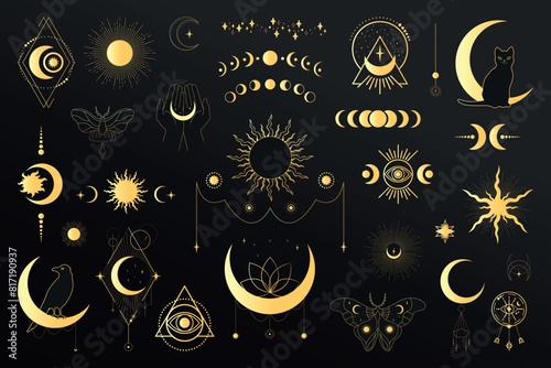 Big set of golden celestial magical and astrological symbols. Celestial space emblems. Space elements. Vector illustration