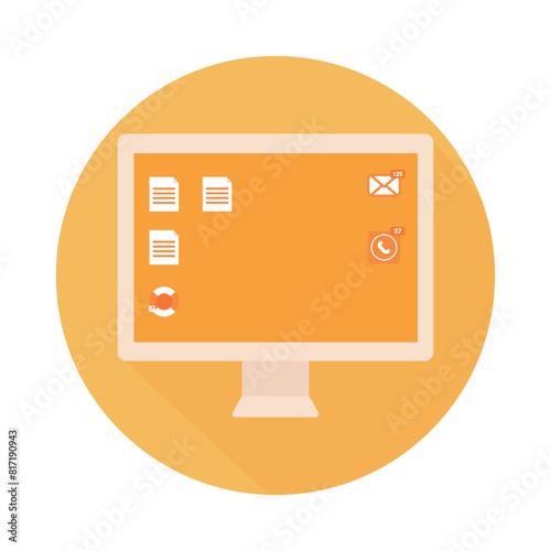 Computer icon in flat style on round yellow background. Vector illustration