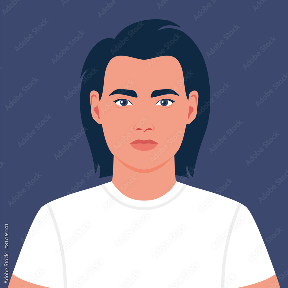 Portrait of a beautiful young man with long dark hair in T shirt. Avatar for social media. Vector illustration Portrait of a beautiful young man with long dark hair in T shirt. Avatar for social media. Vector illustration
