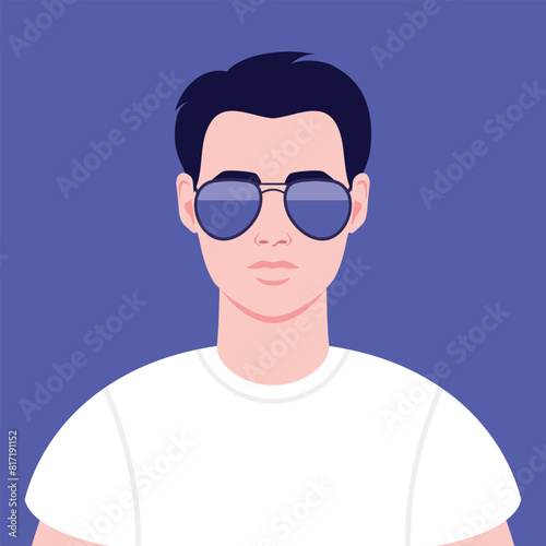 Portrait of a beautiful young man in sunglasses and T shirt. Avatar for social media. Vector illustration