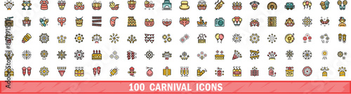 100 carnival icons set. Color line set of carnival vector icons thin line color flat on white