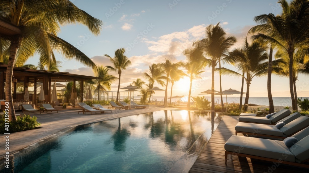 Fototapeta premium Blurred pool area with lounge chairs and palm trees