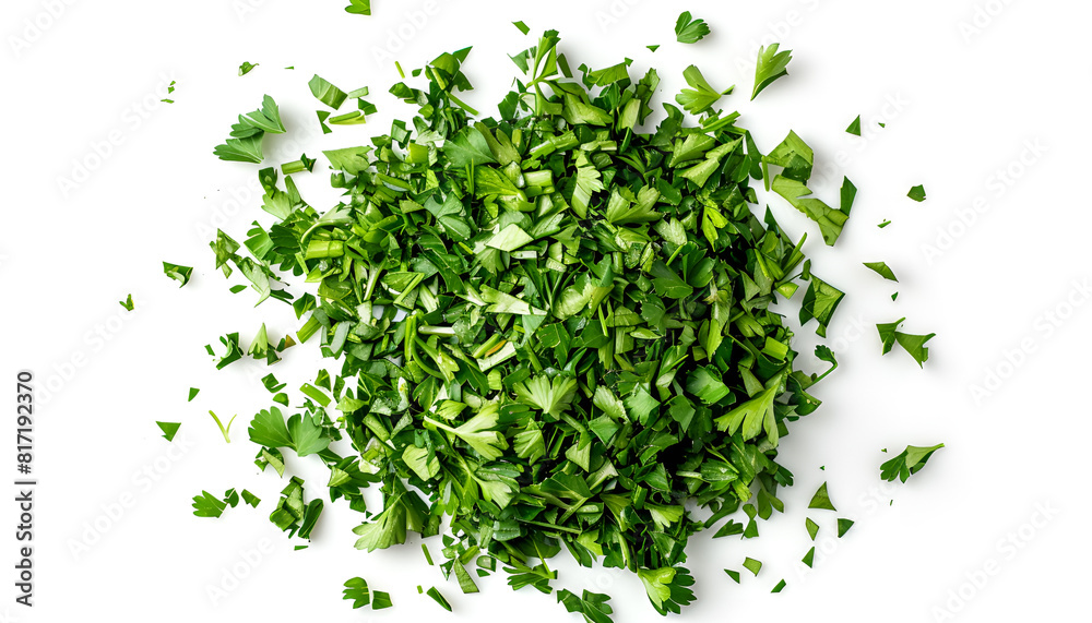 Chopped parsley leaves isolated on white, top view Chopped parsley leaves isolated on white, top view