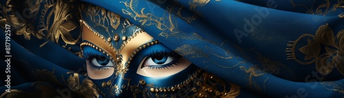 Blue silk fabric with a magnificent gold carnival mask placed strategically leaving 