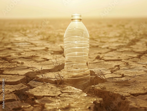 Bouteille d'eau vide sur un sol désertique aride sous un soleil éclatant photo