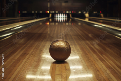 Boule de bowling sur une piste brillamment éclairée photo