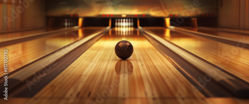 Boule de bowling se dirigeant vers les quilles sur une piste éclairée photo