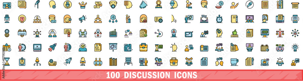 100 discussion icons set. Color line set of discussion vector icons thin line color flat on white 100 discussion icons set. Color line set of discussion vector icons thin line color flat on white