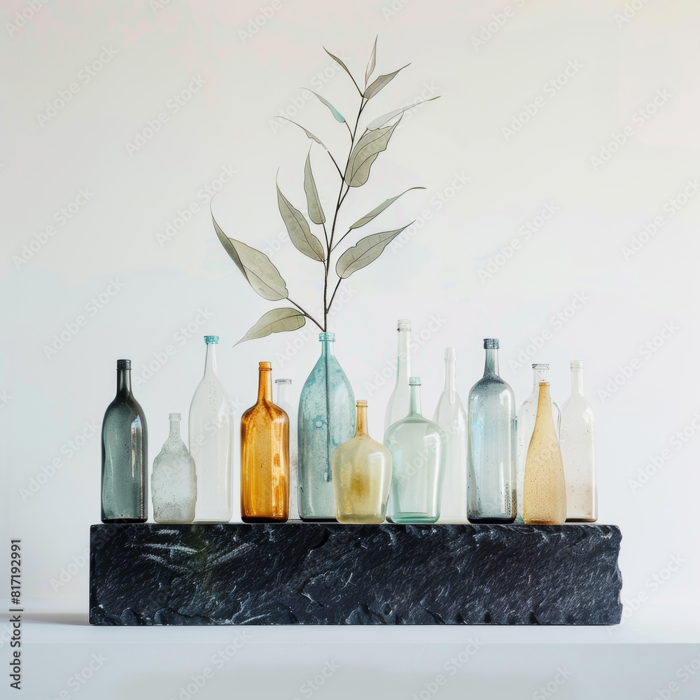 Des bouteilles en verre recyclé sur un piédestal noir avec un fond blanc uni, éclairage subtil Des bouteilles en verre recyclé sur un piédestal noir avec un fond blanc uni, éclairage subtil