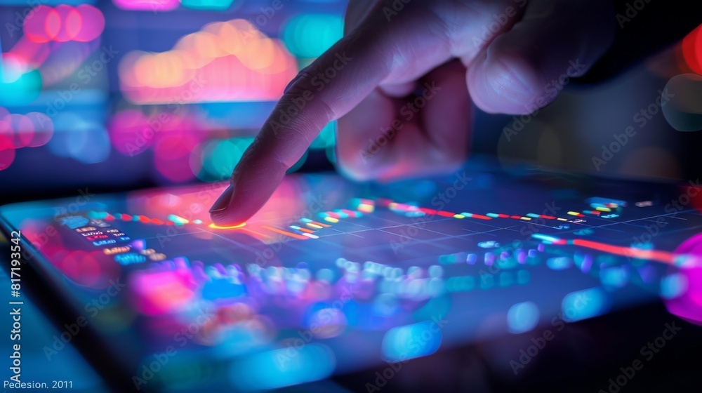 Close-up of a tablet held by a hand, showing financial market graphs, finger pointing, stock exchange backdrop Close-up of a tablet held by a hand, showing financial market graphs, finger pointing, stock exchange backdrop