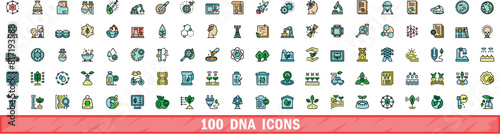 100 dna icons set. Color line set of dna vector icons thin line color flat on white