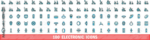 100 electronic icons set. Color line set of electronic vector icons thin line color flat on white