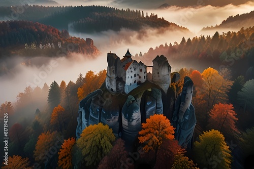 Saxon, Germany - Aerial view of the Bastei on a foggy autumn morning with colorful autumn foliage and heavy fog under the rock. Bastei is a rock formation in Saxon Switzerland National Park
 photo