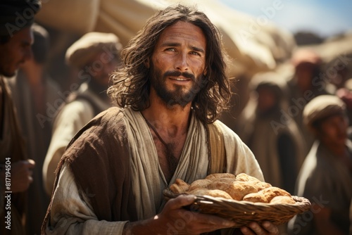  The benevolence of Jesus Christ: providing bread for the poor, a timeless gesture of compassion and empathy, reflecting the teachings of humility and service in christian tradition.