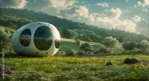 capsule house in a meadow with mountain background footage photo