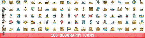 100 geography icons set. Color line set of geography vector icons thin line color flat on white