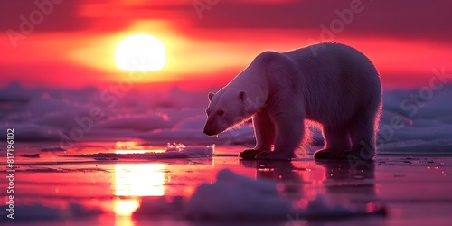 Polar Bear on Ice Floe Under a Red Sunset Sky. Concept Wildlife Photography  Arctic Animals  Sunset  Polar Bear  Ice Floe