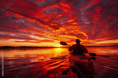 Silhouette of a solo kayaker paddling against a vivid summer sunset with the sky aflame.. AI generated.
