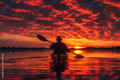 Silhouette of a solo kayaker paddling against a vivid summer sunset with the sky aflame.. AI generated.