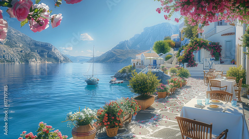 A charming Greek island village with a blue sea, white buildings and colorful flowers. Tables are set for breakfast on the terrace overlooking the water. Generative AI.