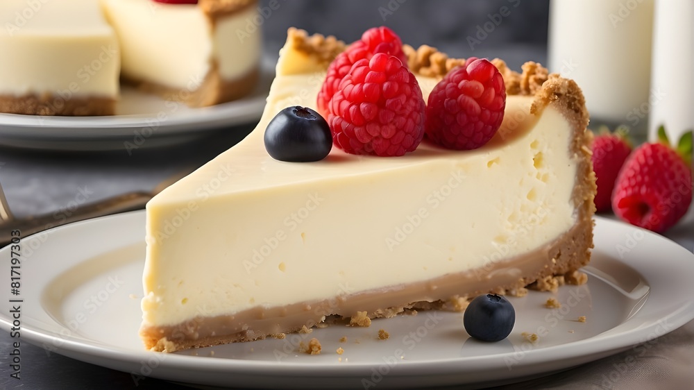 The slice of cheesecake is decadently rich and creamy, with a smooth and velvety texture. It's thick and generously portioned, showcasing the luscious layers of creamy cheese filling on a crumbly grah The slice of cheesecake is decadently rich and creamy, with a smooth and velvety texture. It's thick and generously portioned, showcasing the luscious layers of creamy cheese filling on a crumbly grah
