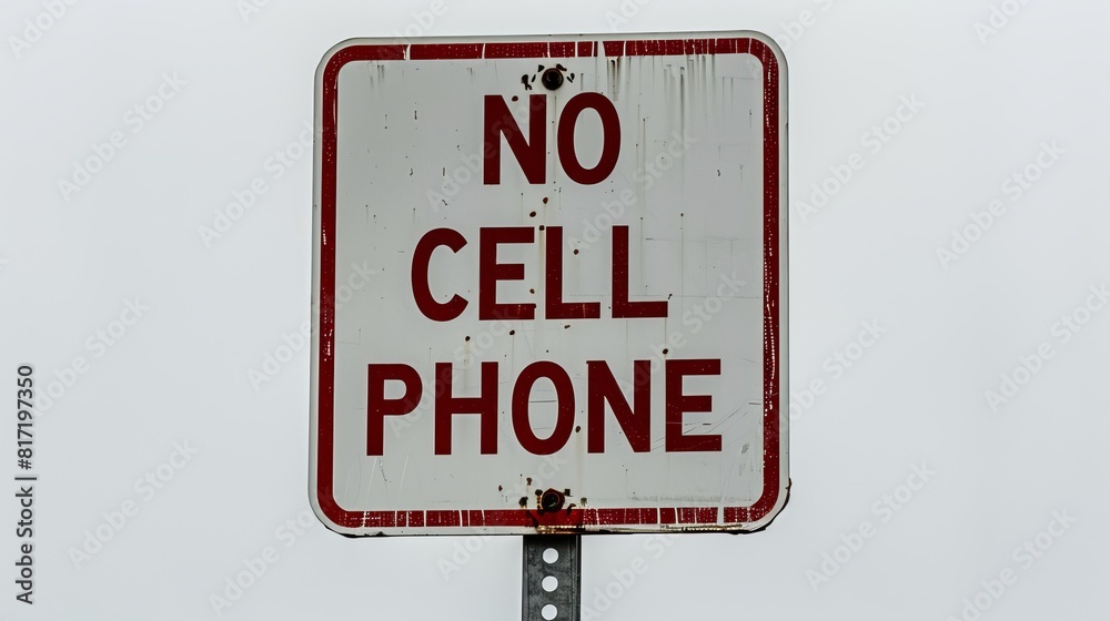 A sign prohibiting cell phone use depicted on a white background. A sign prohibiting cell phone use depicted on a white background.