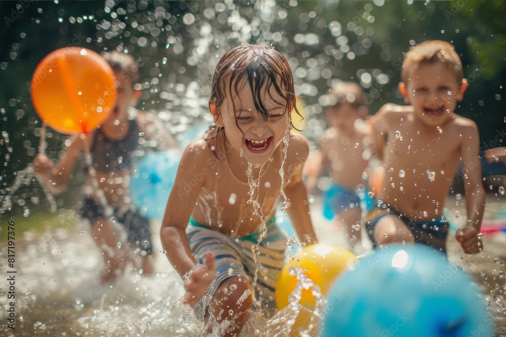 Exciting water balloon fight among kids in a sunny backyard, laughter and splashes. AI generated. Exciting water balloon fight among kids in a sunny backyard, laughter and splashes. AI generated.