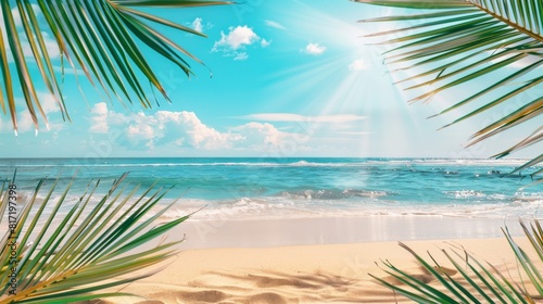 Tropical Beach Scene With Palm Leaves and Sand