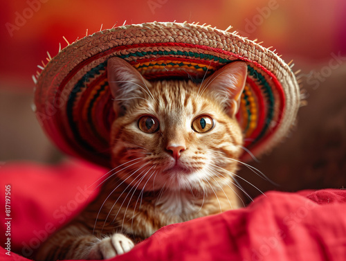 Cat in a Sombrero on Red Background