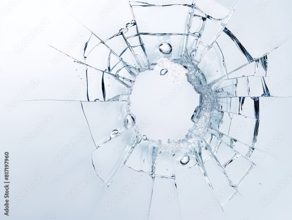 round hole in glass cracks. white background