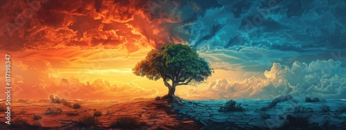 Illustration showing the transition from barren, dry land on one side to lush, green nature on the other. A tree in the middle representing balance.