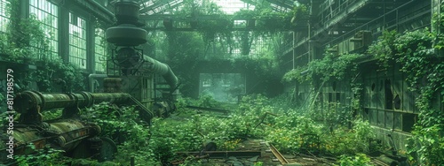 Nature Reclamation: A factory being overtaken by greenery, with plants growing through the machinery.