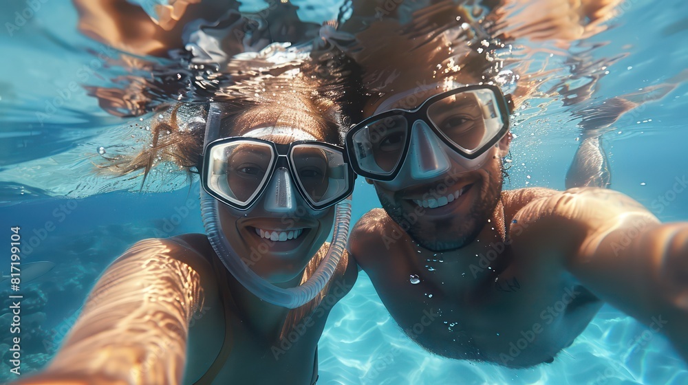 couple underwater snorkeling, summer travel holidays
