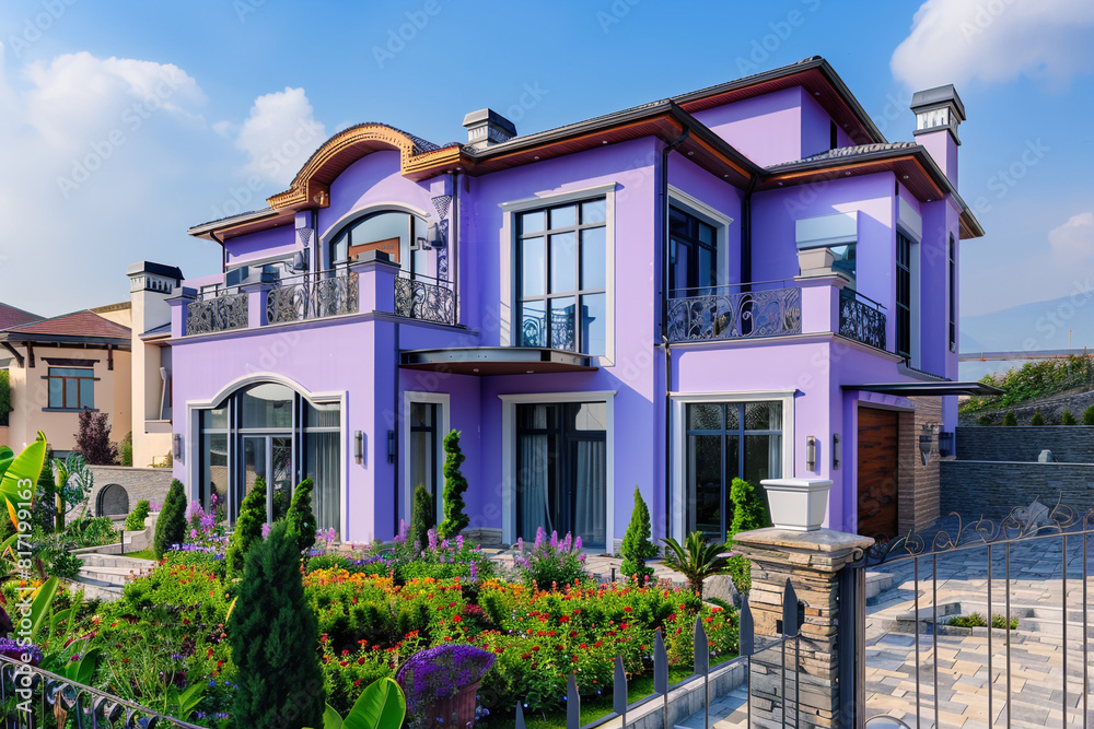 Elegant luxury home with a pastel violet exterior, adorned with modern architectural elements and a vibrant garden. Summer full front view.