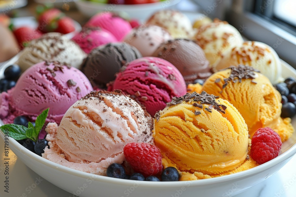 Gelato: Scoops of various gelato flavors in a bowl or cone, with bright and rich colors, possibly topped with fresh fruit or chocolate shavings. Gelato: Scoops of various gelato flavors in a bowl or cone, with bright and rich colors, possibly topped with fresh fruit or chocolate shavings.