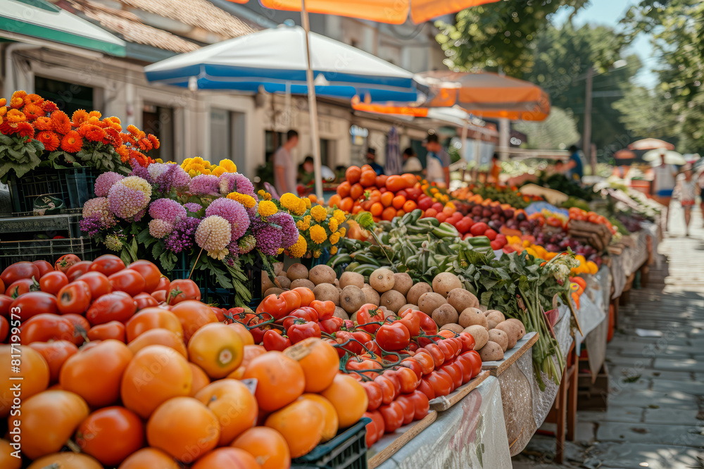 Vibrant stalls at a local farmer's market filled with fresh fruits, vegetables, and colorful flowers. AI generated.