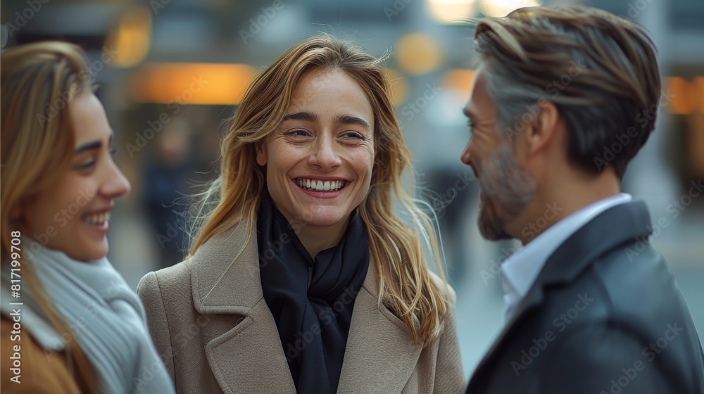 Two women and a man in business outfits, laughing and shaking hands. Generative AI. Two women and a man in business outfits, laughing and shaking hands. Generative AI.
